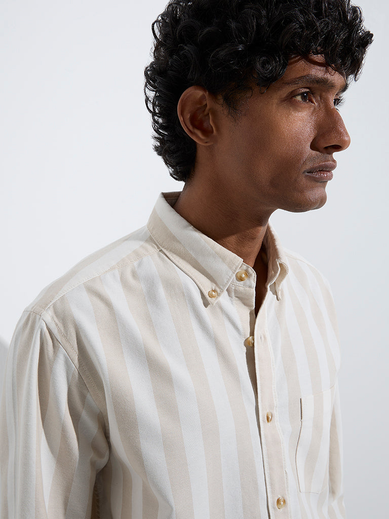 WES Casuals Beige Striped Relaxed-Fit Cotton Shirt
