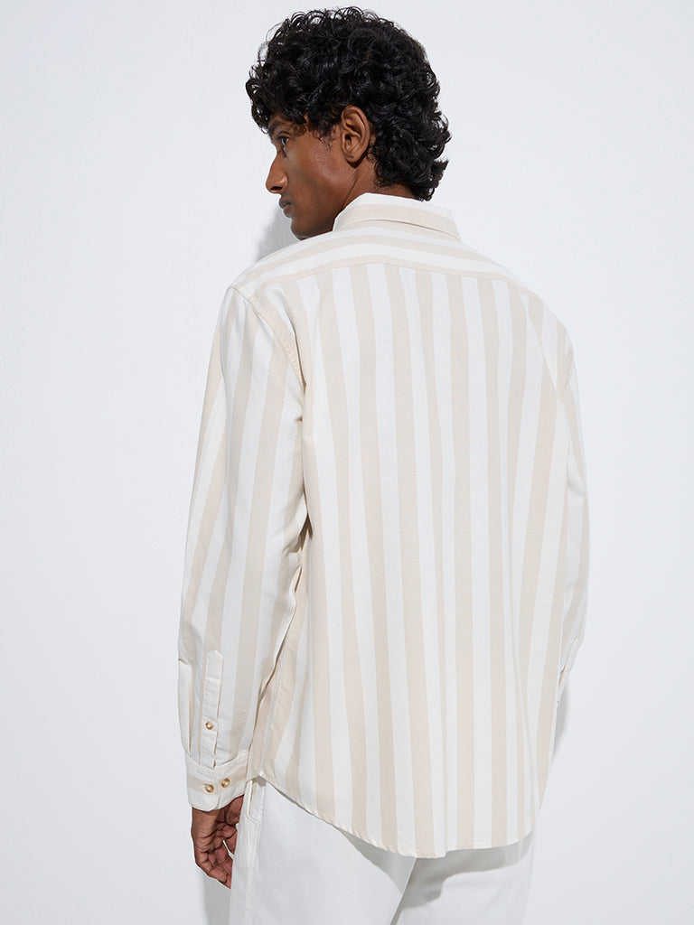 WES Casuals Beige Striped Relaxed-Fit Cotton Shirt