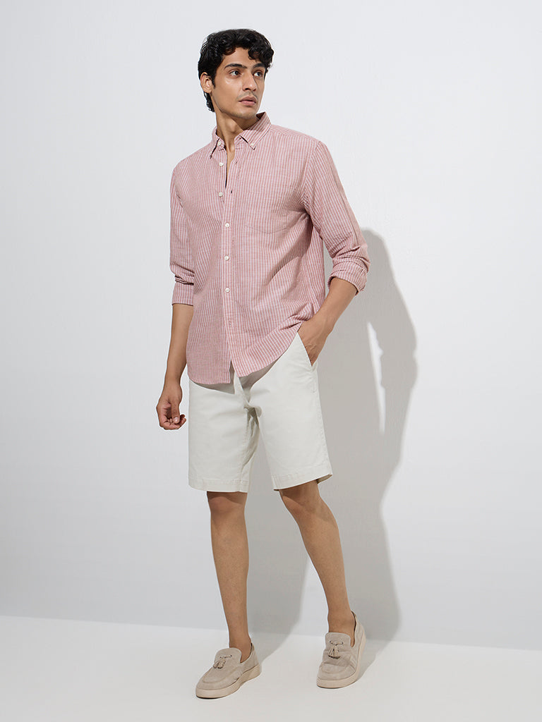Westside WES Casuals Men's Coral Striped Relaxed-Fit Linen-Blend Shirt for Casual Wear Full Model View