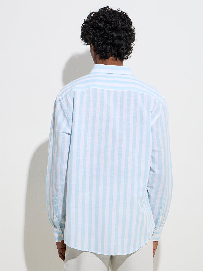 WES Casuals Blue Striped Relaxed-Fit Cotton Shirt