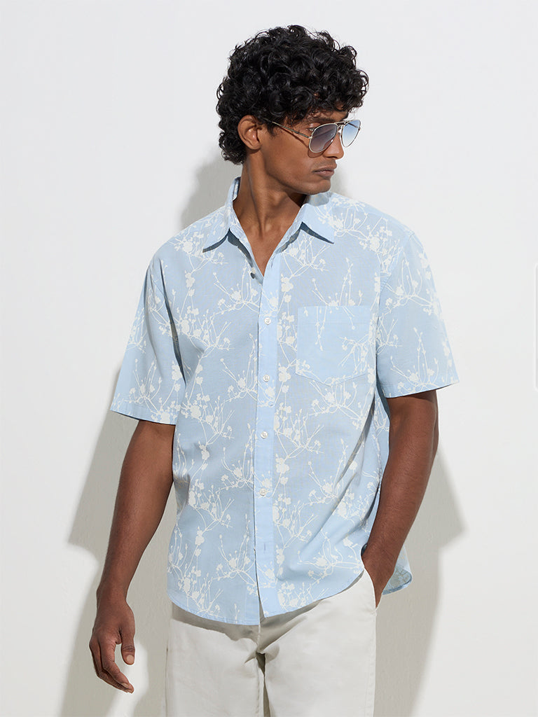 WES Casuals Light Blue Floral Relaxed-Fit Cotton Shirt