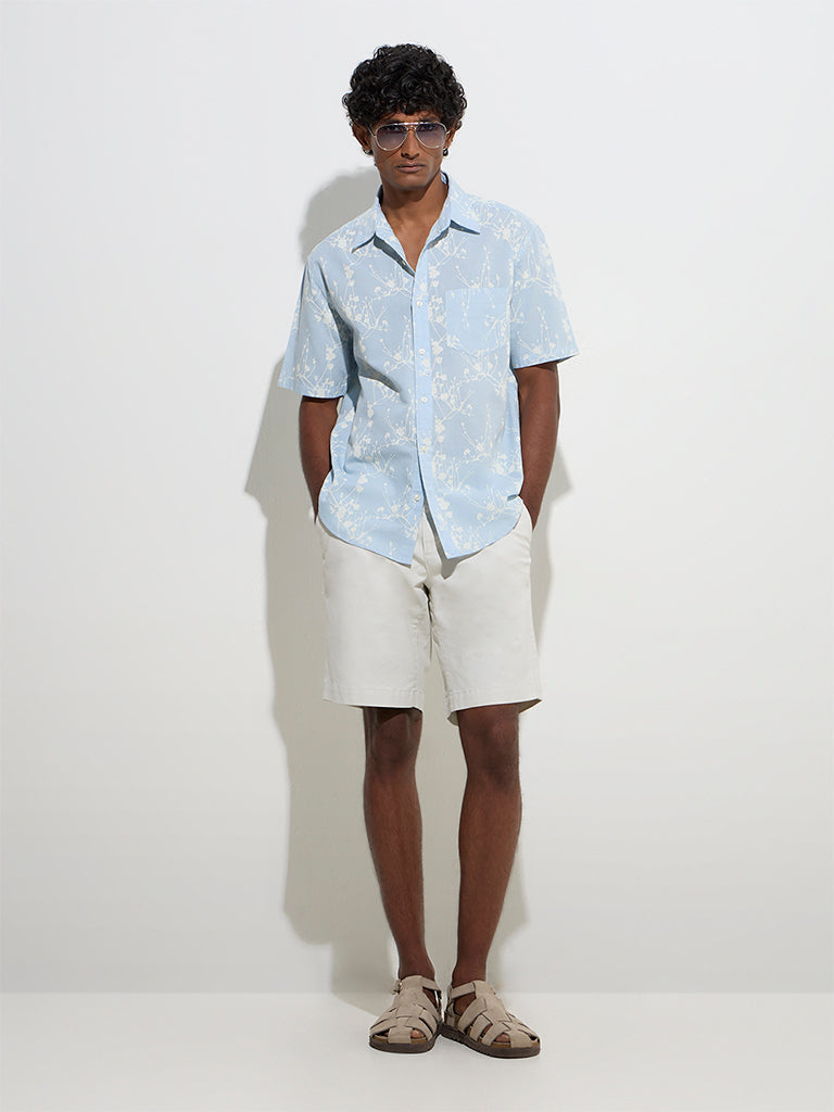 WES Casuals Light Blue Floral Relaxed-Fit Cotton Shirt