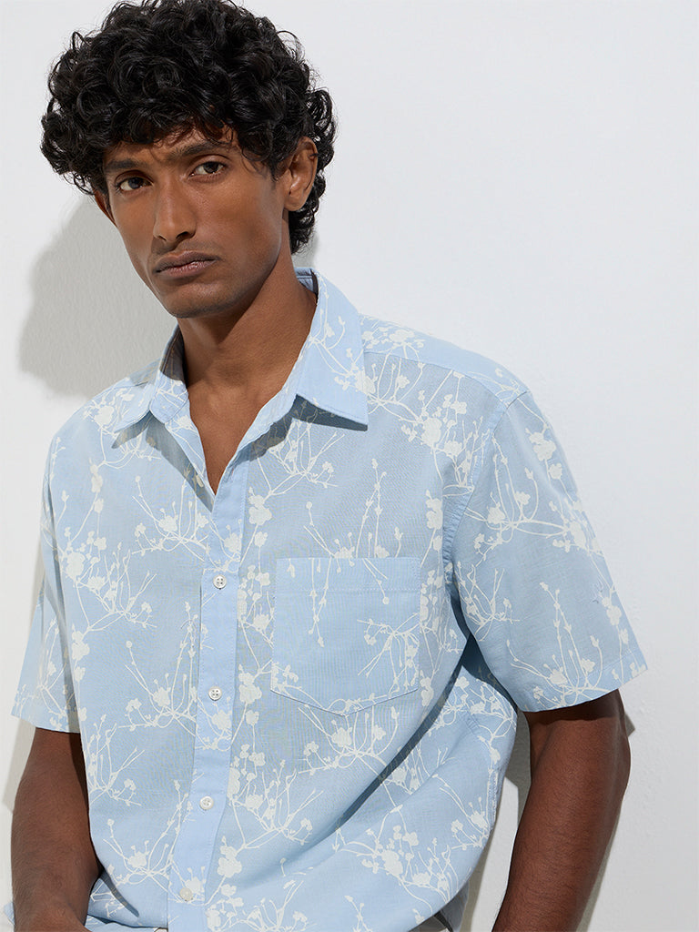 WES Casuals Light Blue Floral Relaxed-Fit Cotton Shirt
