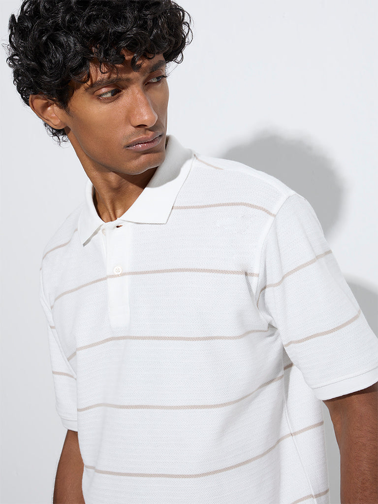 WES Casuals White Striped Relaxed-Fit Cotton-Blend Polo T-Shirt