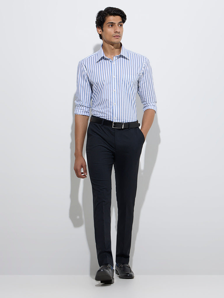 Westside WES Formals Men's Blue Stripe Printed Relaxed-Fit Cotton Shirt for Work Wear Full Model View