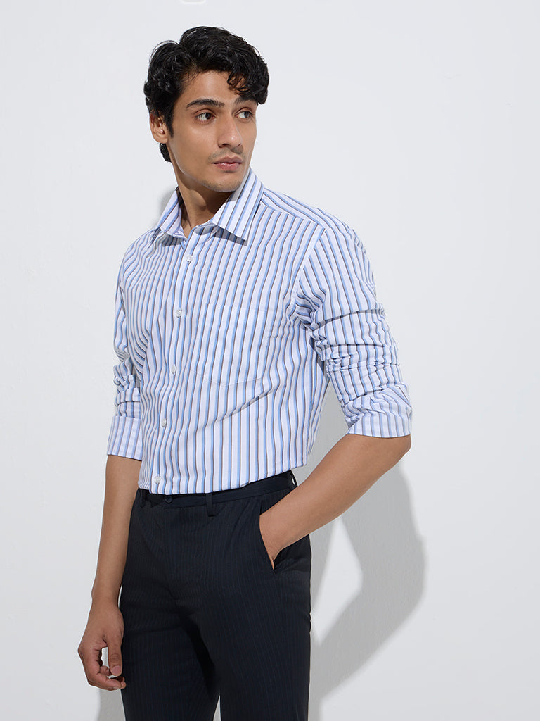 Westside WES Formals Men's Blue Stripe Printed Relaxed-Fit Cotton Shirt for Work Wear Front  View