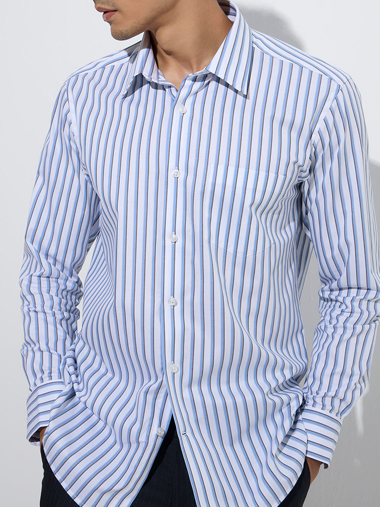 Westside WES Formals Men's Blue Stripe Printed Relaxed-Fit Cotton Shirt for Work Wear Zoom View