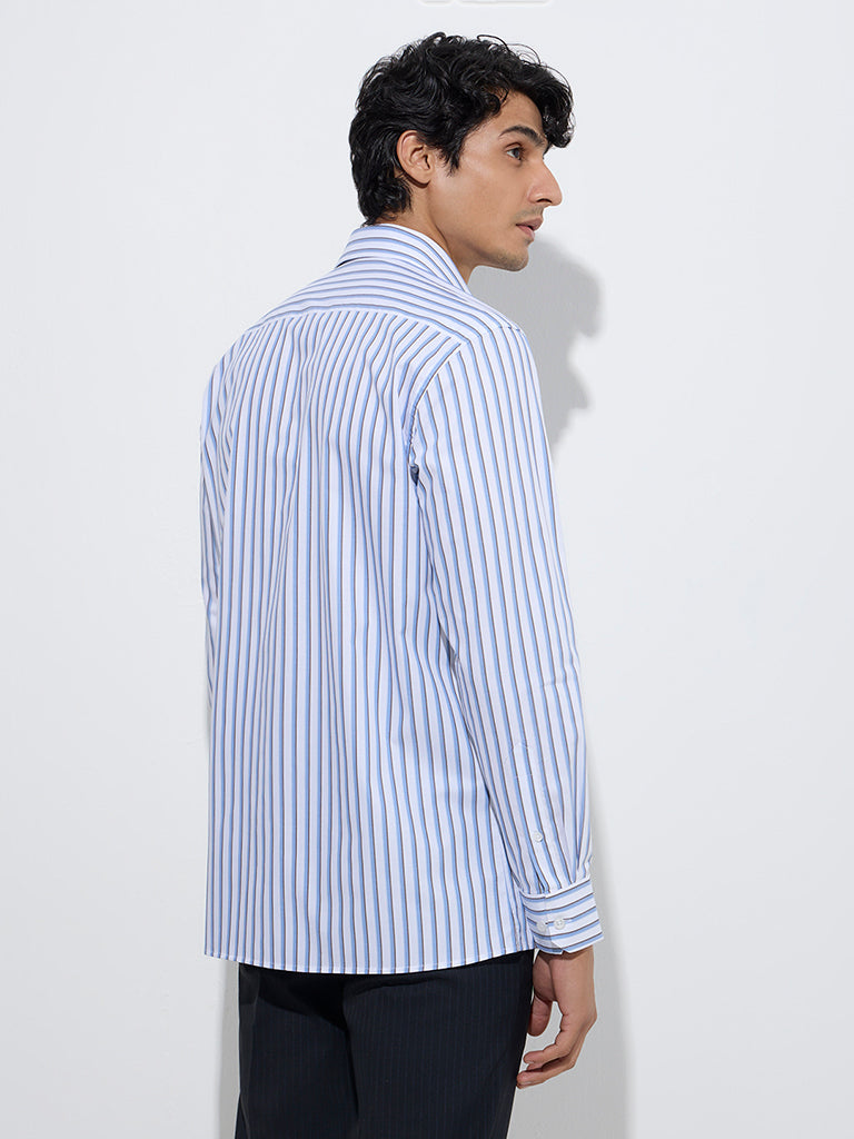 Westside WES Formals Men's Blue Stripe Printed Relaxed-Fit Cotton Shirt for Work Wear Back View