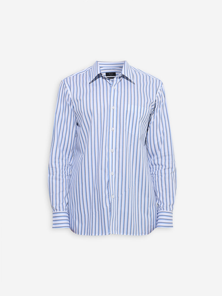 Westside WES Formals Men's Blue Stripe Printed Relaxed-Fit Cotton Shirt for Work Wear Flatly View