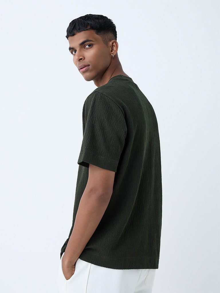 Studiofit Olive Self-Textured Relaxed-Fit Cotton-Blend T-Shirt