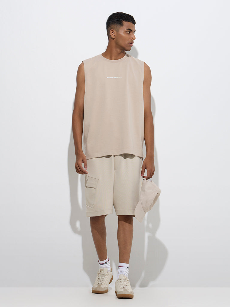 Studiofit Beige Relaxed-Fit Cotton-Blend T-Shirt