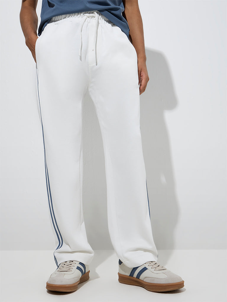 Westside Studiofit Men's White Relaxed-Fit Cotton-Blend Track Pants for Sports Wear Front View