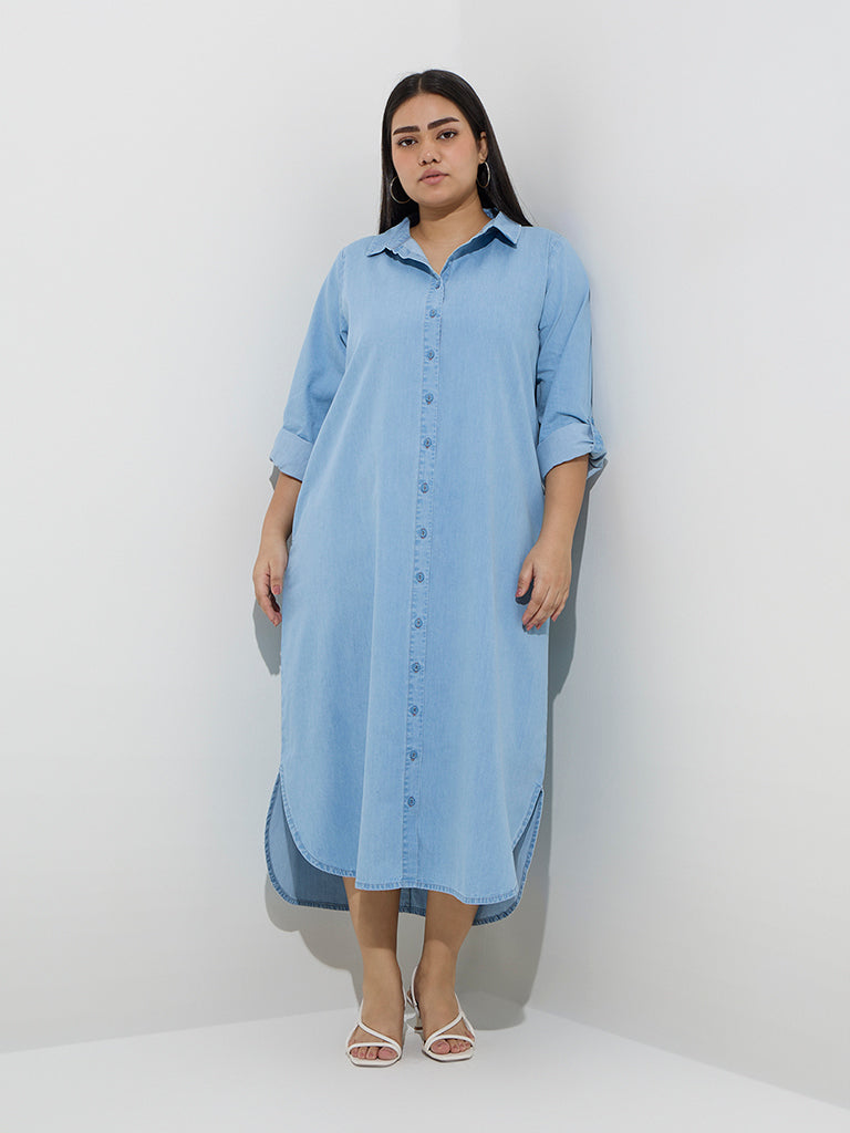 westisde Gia Women's Light Blue Denim Shirt Dress for Casual Wear Full Model View
