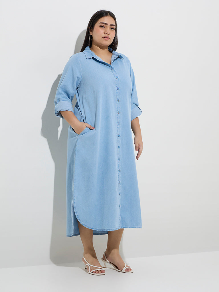 westisde Gia Women's Light Blue Denim Shirt Dress for Casual Wear Front View
