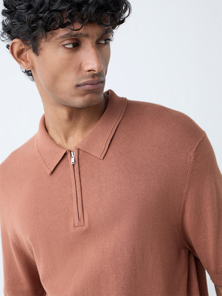 Westside WES Formals Men's Rust Relaxed-Fit Quarter-Zip Cotton-Blend Polo T-Shirt for Work Wear Zoomed View