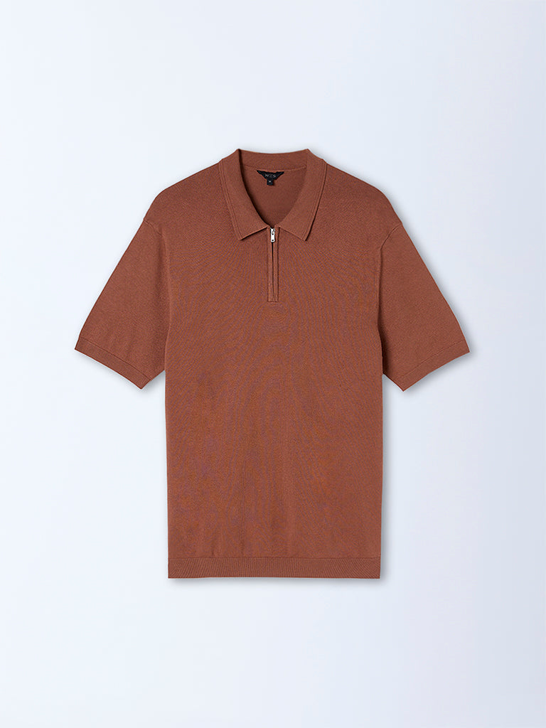 Westside WES Formals Men's Rust Relaxed-Fit Quarter-Zip Cotton-Blend Polo T-Shirt for Work Wear Flatlay