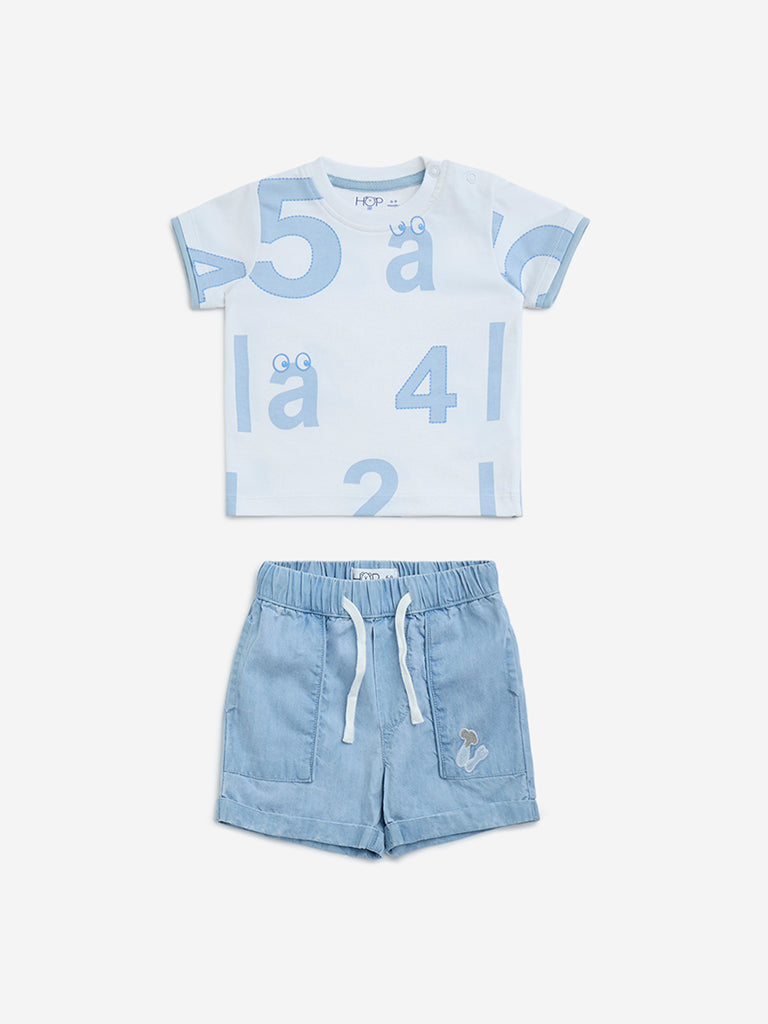 westisde HOP Baby Boys' Blue Numerical Print Cotton T-Shirt and Shorts Set for Casual Wear Front View