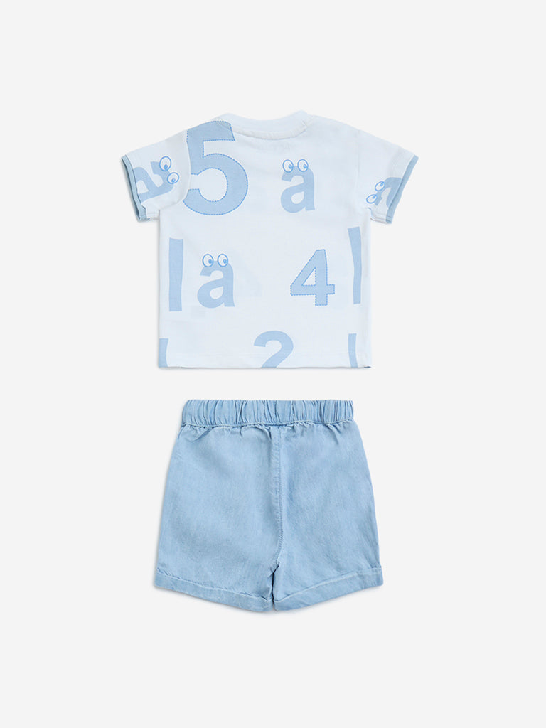westisde HOP Baby Boys' Blue Numerical Print Cotton T-Shirt and Shorts Set for Casual Wear Back View