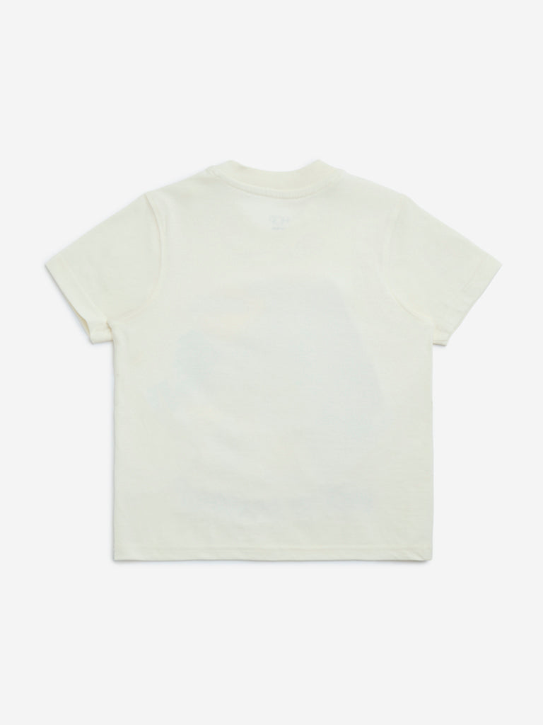 westisde HOP Boys' Kids Off-White Printed Cotton T-Shirt for Casual Wear Back View