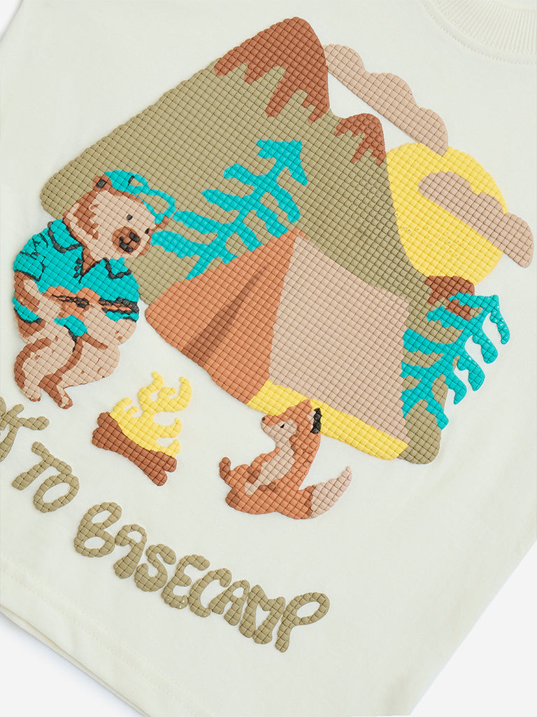 westisde HOP Boys' Kids Off-White Printed Cotton T-Shirt for Casual Wear Zoom View