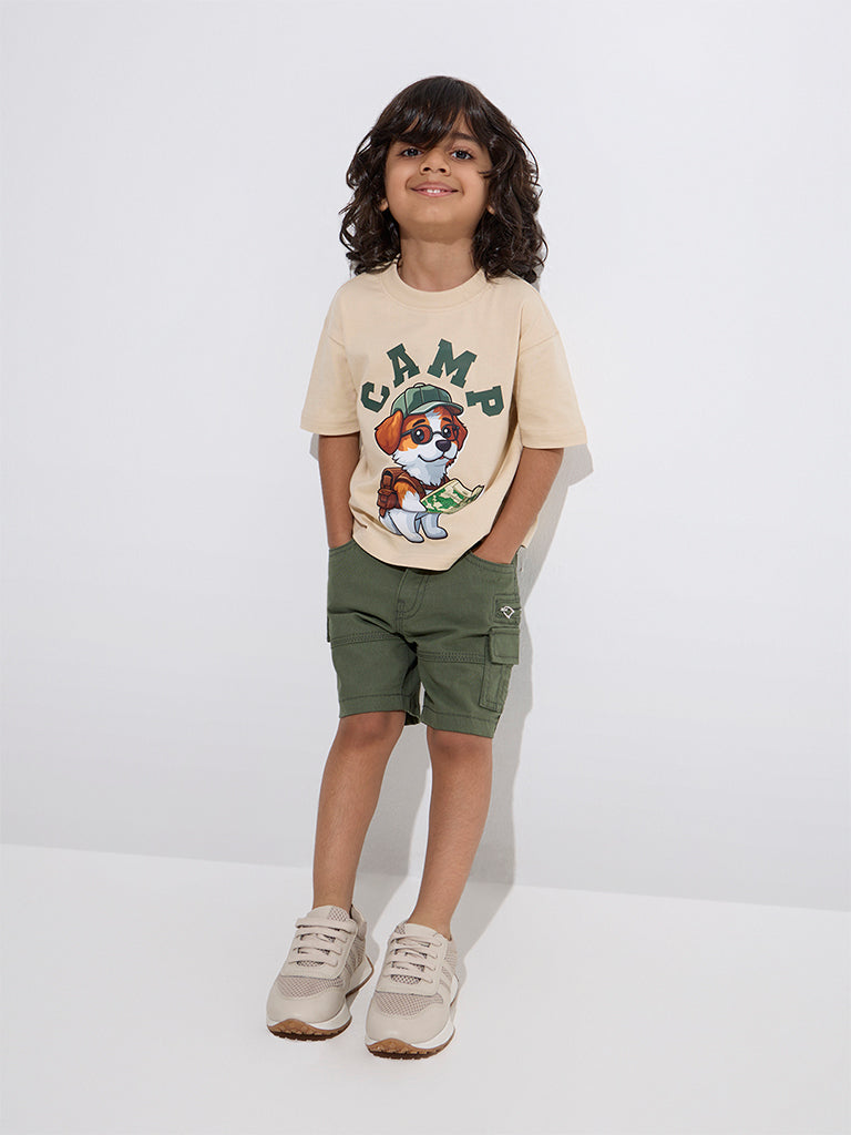 Westside HOP Kids Boys' Beige Printed Cotton T-Shirt for Casual Wear Full Model View
