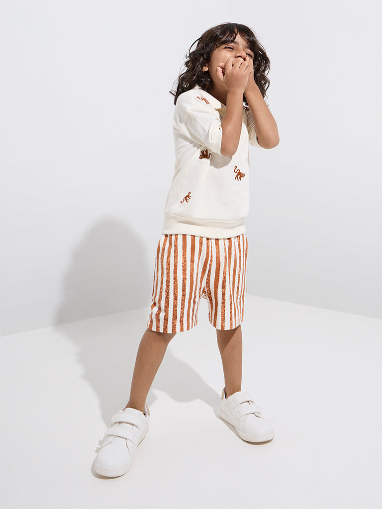 Westside HOP Kids Boys' Multicolour Striped Mid-Rise Cotton Shorts for Casual Wear Full Model View