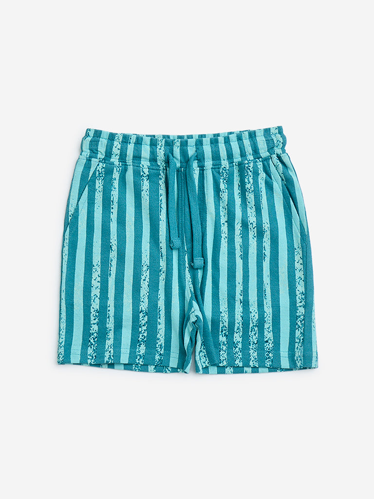 Westside HOP Kids Boys' Teal Striped Mid-Rise Cotton Shorts for Casual Wear Front  View