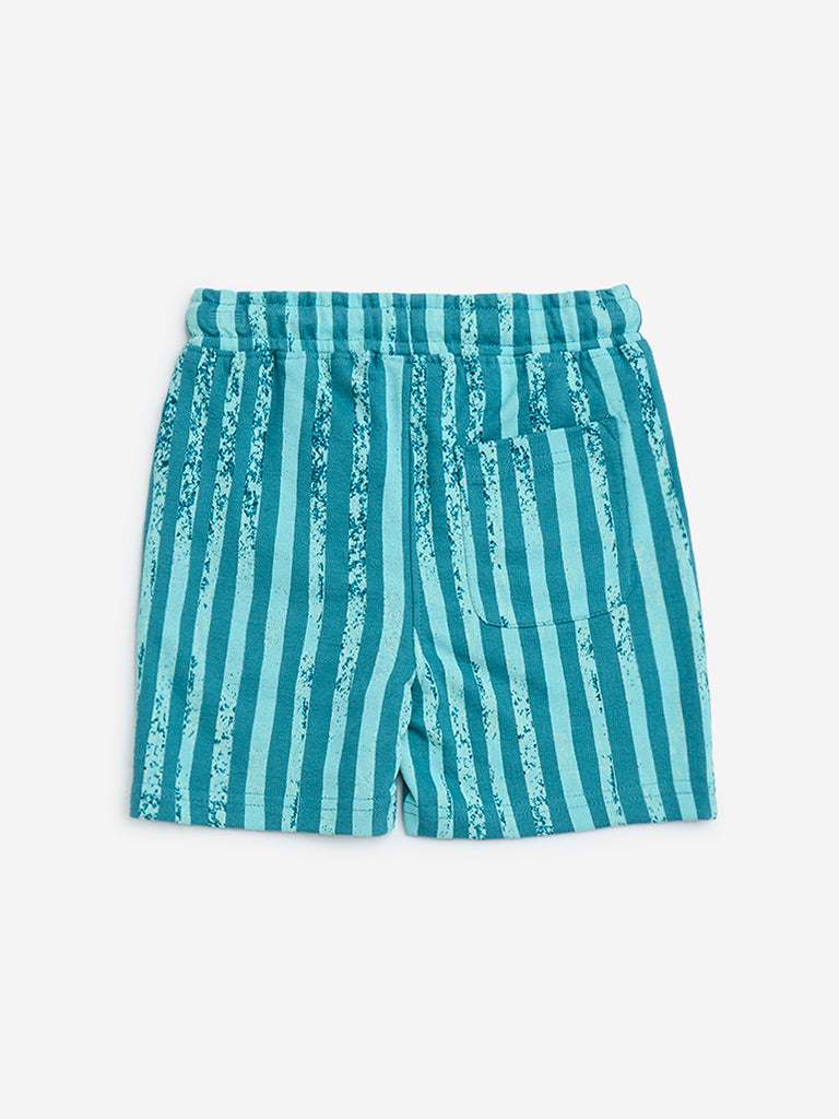 Westside HOP Kids Boys' Teal Striped Mid-Rise Cotton Shorts for Casual Wear Back View
