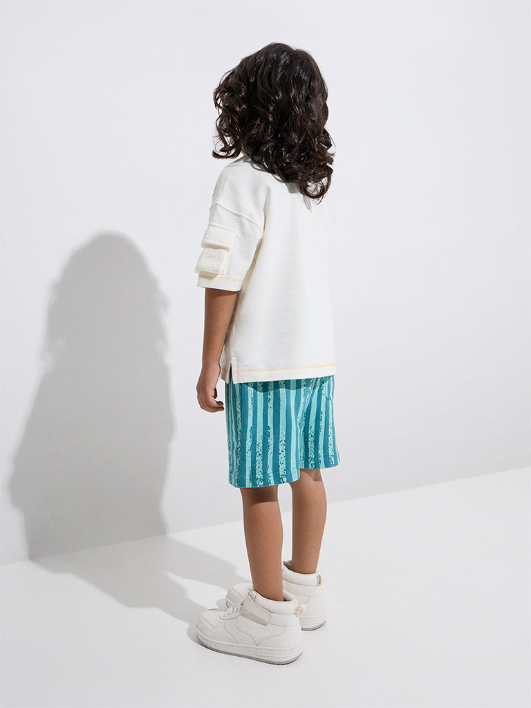 Westside HOP Kids Boys' Teal Striped Mid-Rise Cotton Shorts for Casual Wear Model Back View