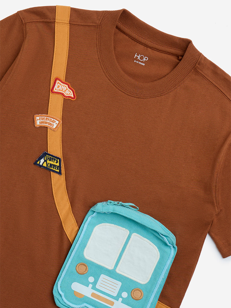 Westside HOP Boys Kids Brown Pouch-Detailed Cotton T-Shirt for Casual Wear Zoom View