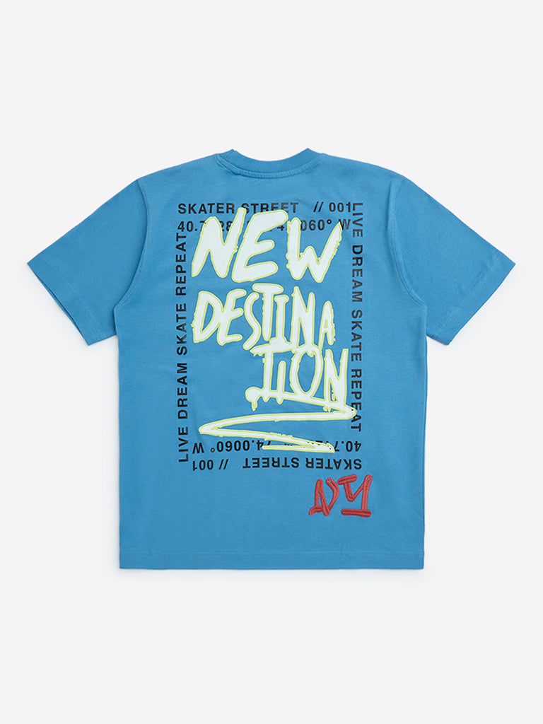 Buy Y&F Kids Blue Typographic Cotton T-Shirt from Westside