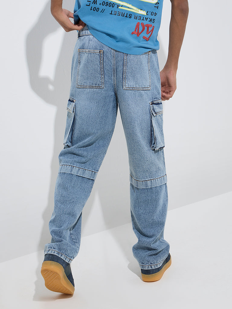 Y&F Kids Blue Cargo-Style Relaxed-Fit Mid-Rise Jeans