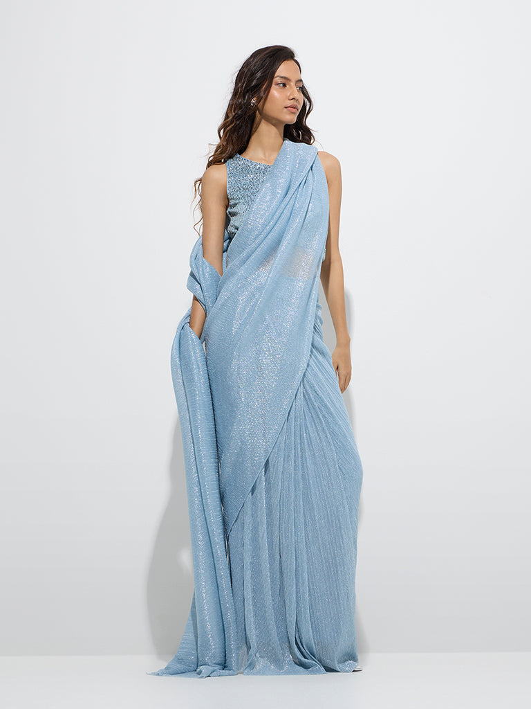 Westside Vark Women's Light Blue Plisse-Textured Saree for Festive Wear Front View