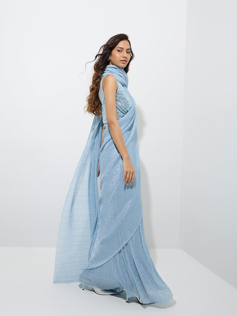 Westside Vark Women's Light Blue Plisse-Textured Saree for Festive Wear Full Model View