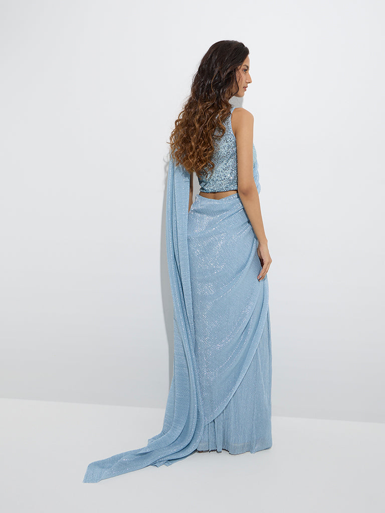 Westside Vark Women's Light Blue Plisse-Textured Saree for Festive Wear Back View