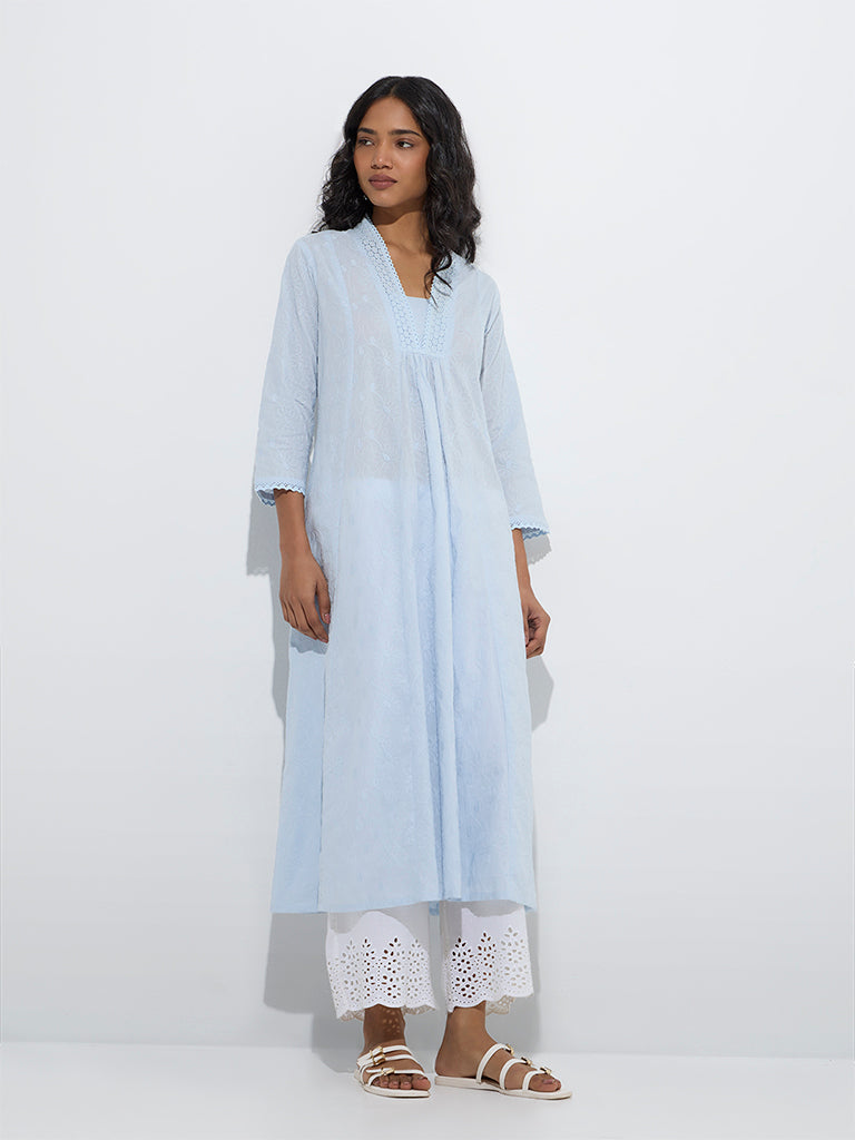 Utsa Light Blue Embroidered Cotton A-Line Kurta