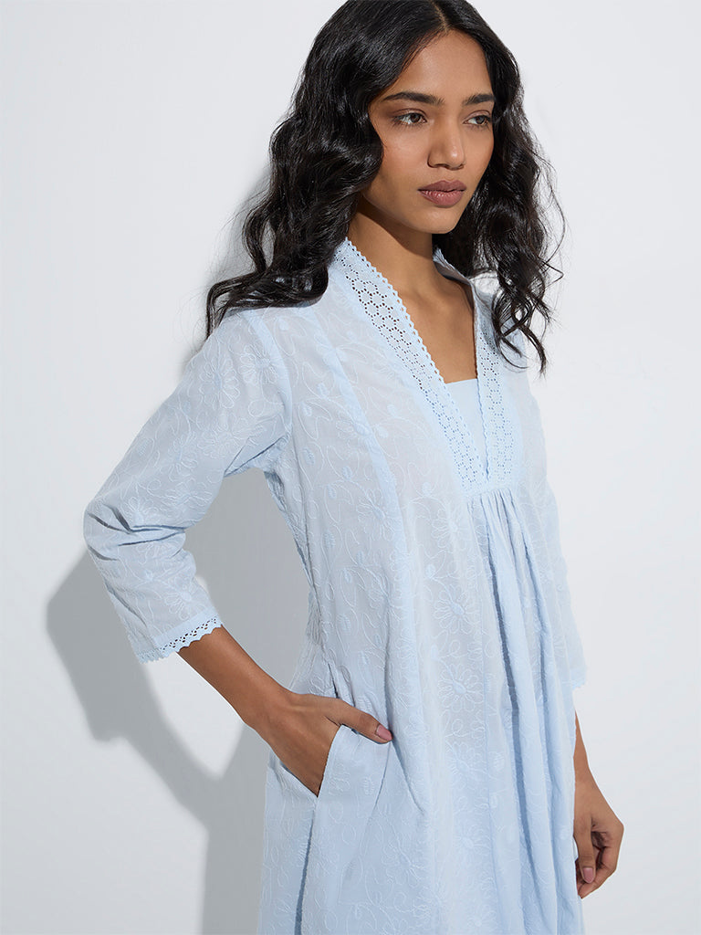 Utsa Light Blue Embroidered Cotton A-Line Kurta
