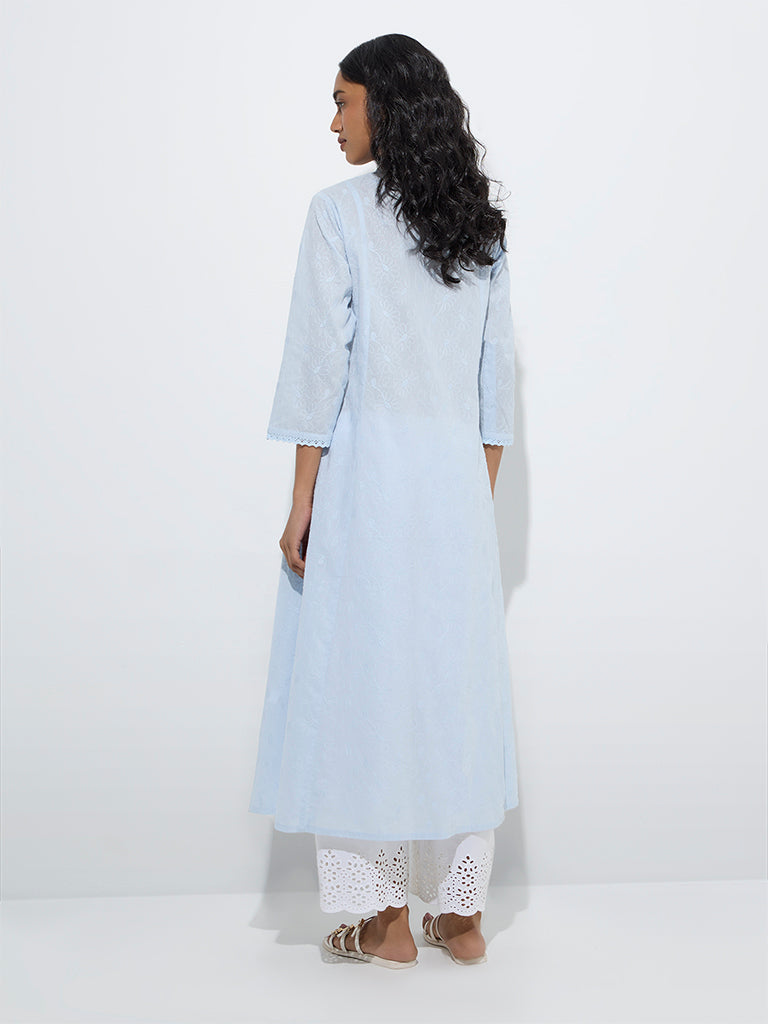 Utsa Light Blue Embroidered Cotton A-Line Kurta