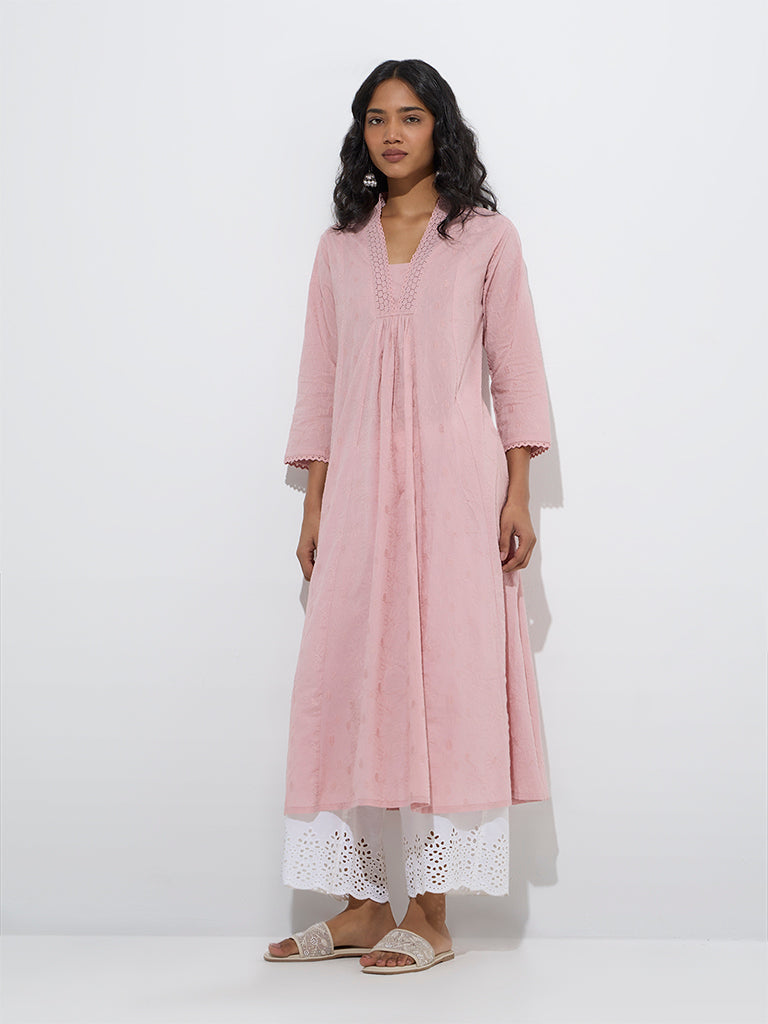 Westside Utsa Women's Light Pink Embroidered Cotton A-Line Kurta for Work Wear Full Model View