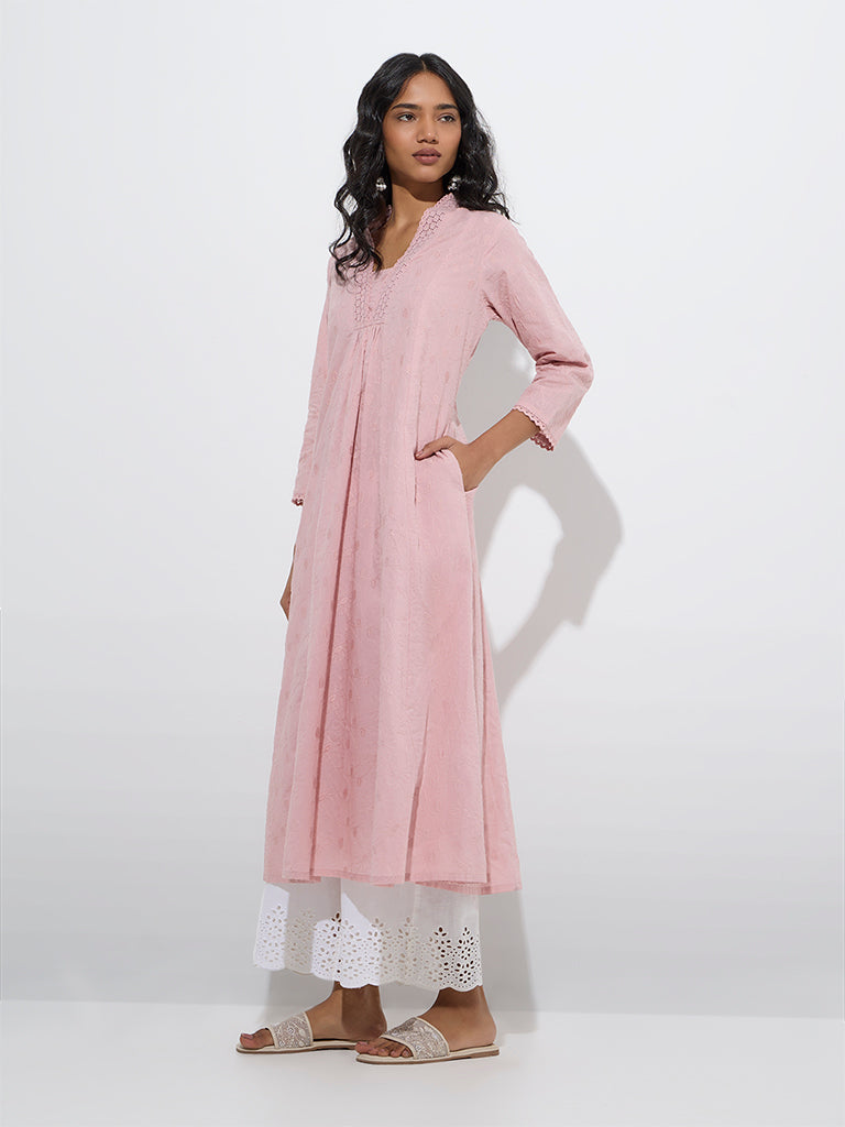 Westside Utsa Women's Light Pink Embroidered Cotton A-Line Kurta for Work Wear Front View