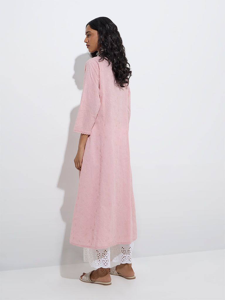 Westside Utsa Women's Light Pink Embroidered Cotton A-Line Kurta for Work Wear Back View