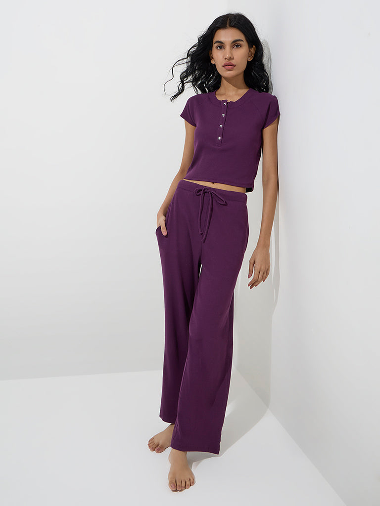 Superstar Purple Ribbed-Textured Cotton-Blend Top