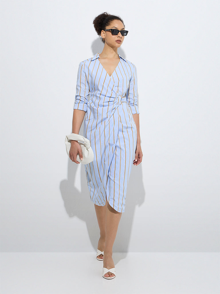 Westside Wardrobe Women's Blue Stripe Printed Wrap-Style Dress for Work Wear Front View