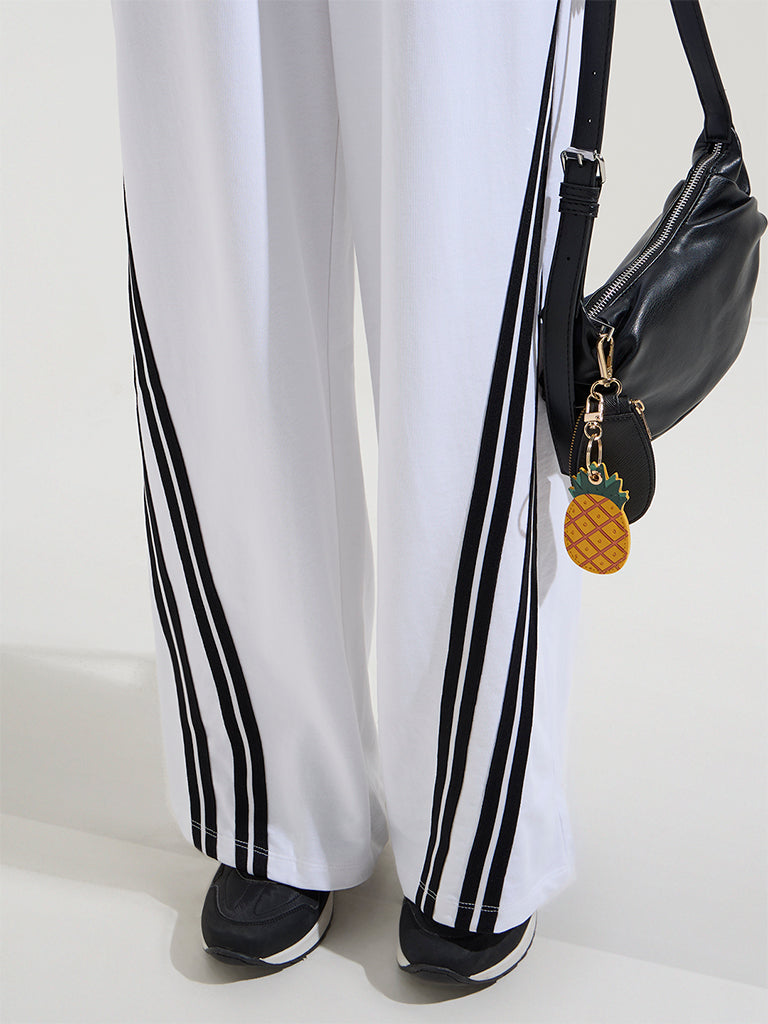 Studiofit White Striped High-Rise Cotton Track Pants