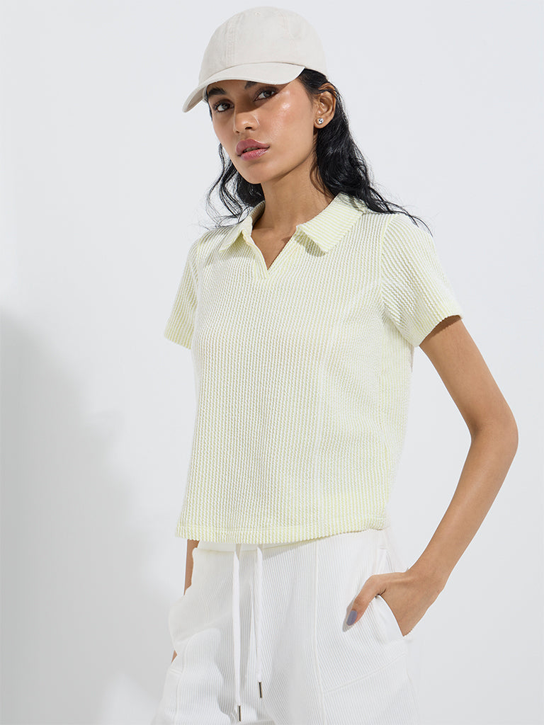 Studiofit Neon Green Striped Cotton-Blend Polo T-Shirt