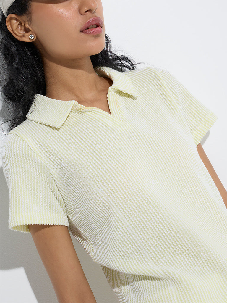 Studiofit Neon Green Striped Cotton-Blend Polo T-Shirt