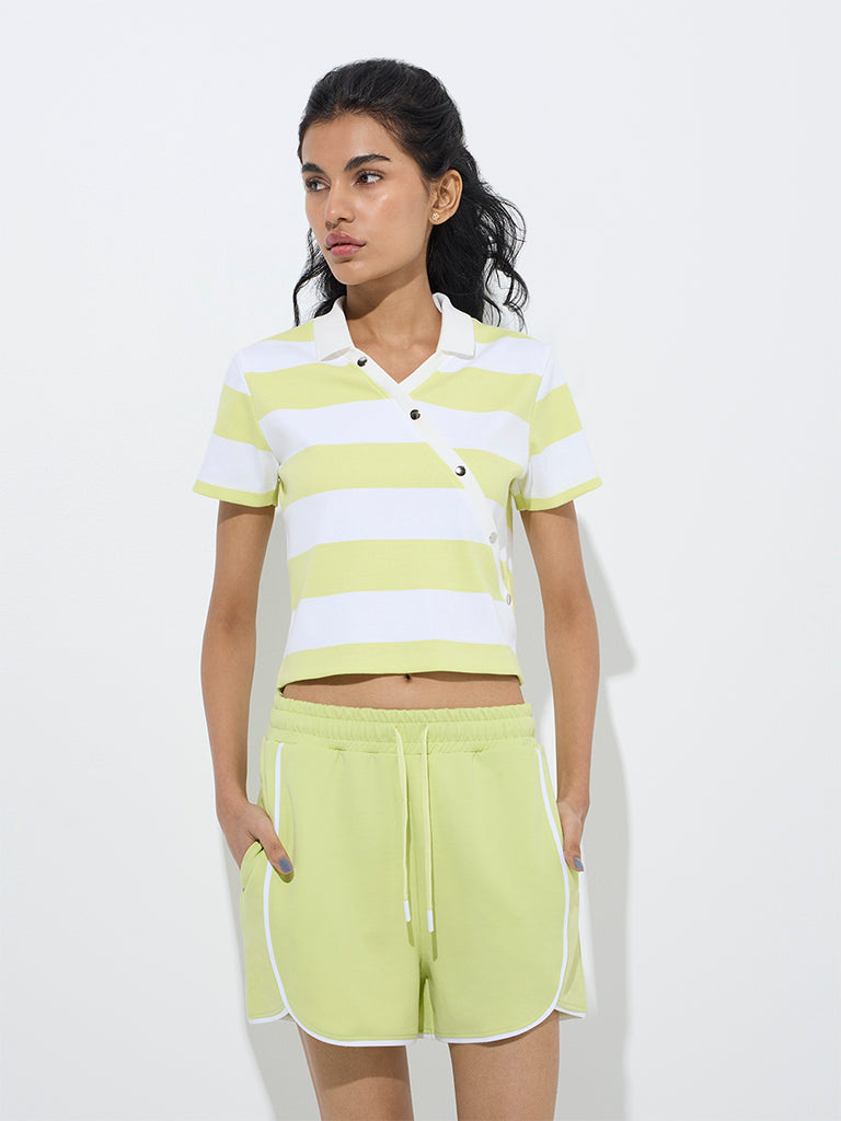 Studiofit Neon Green Striped Cotton-Blend Polo T-Shirt