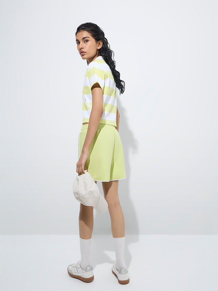 Studiofit Neon Green Striped Cotton-Blend Polo T-Shirt