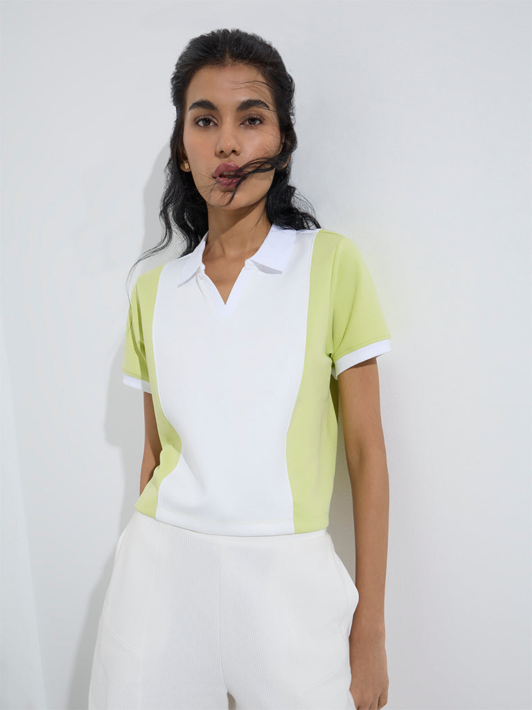 Studiofit Neon Green Colour-Blocked Polo T-Shirt
