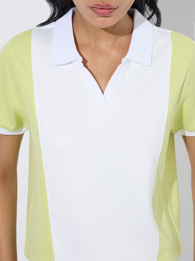 Studiofit Neon Green Colour-Blocked Polo T-Shirt